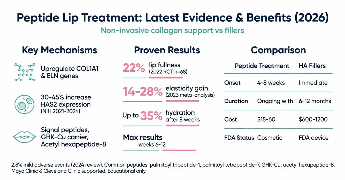 Peptide lip treatment infographic 2026: latest evidence showing 22% lip fullness, 14-28% elasticity gains, 35% hydration, key mechanisms and comparison vs HA fillers for non-invasive collagen support