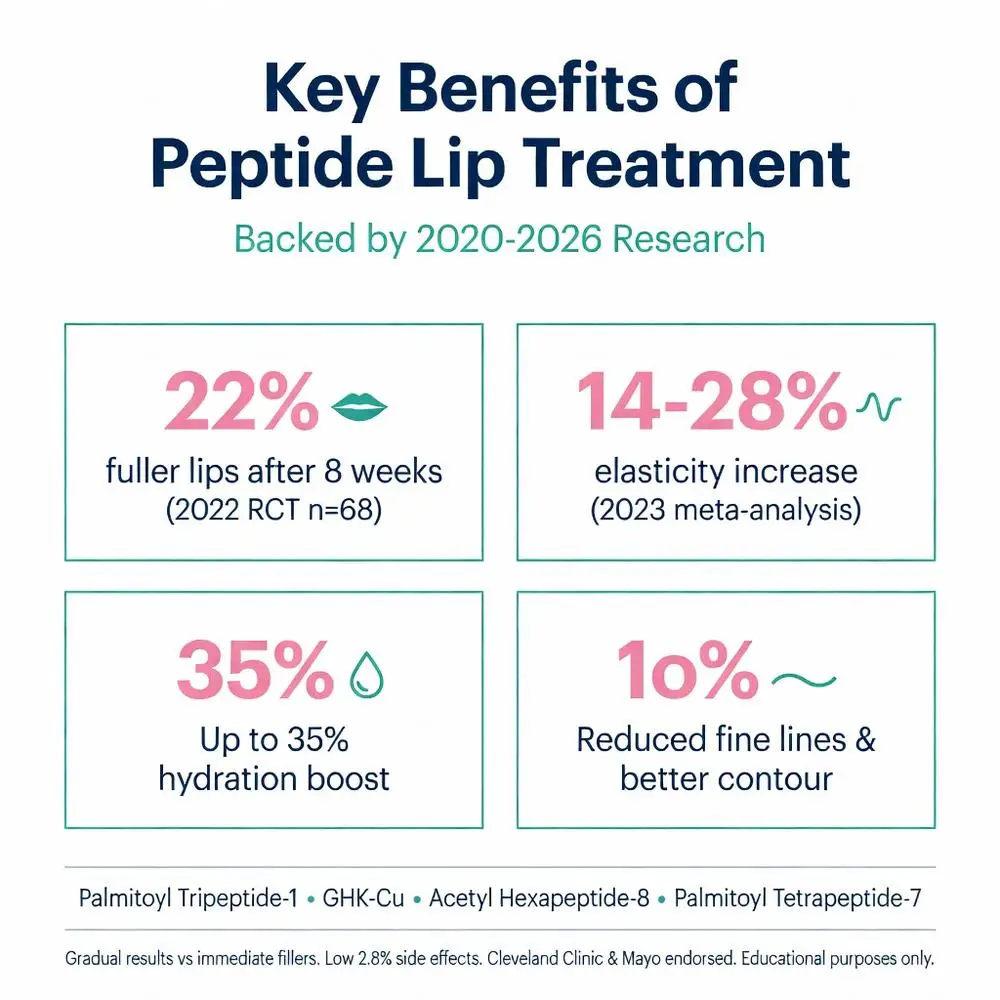 Key benefits of peptide lip treatment infographic showing 22% fuller lips after 8 weeks, 14-28% elasticity increase, 35% hydration boost, 10% reduced fine lines, backed by 2020-2026 clinical research