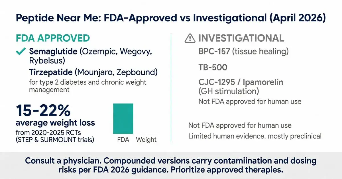 Peptide near me: FDA-Approved vs Investigational peptides chart April 2026 comparing Semaglutide Ozempic Wegovy Tirzepatide Mounjaro for 15-22% weight loss against BPC-157 TB-500 CJC-1295