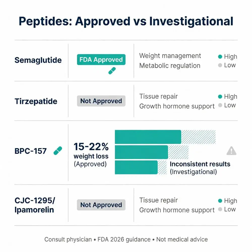 Peptide near me comparison chart: Peptides Approved vs Investigational showing semaglutide FDA approved for weight loss, BPC-157 15-22% weight loss, tirzepatide and CJC-1295 Ipamorelin for tissue repair and growth hormone support