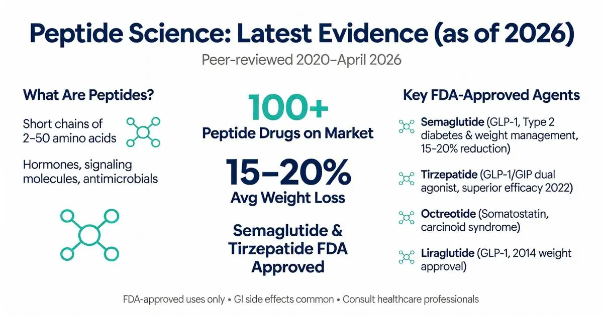Peptide science latest evidence as of 2026 infographic showing 100+ peptide drugs on market, 15-20% average weight loss, and key FDA-approved agents like semaglutide and tirzepatide
