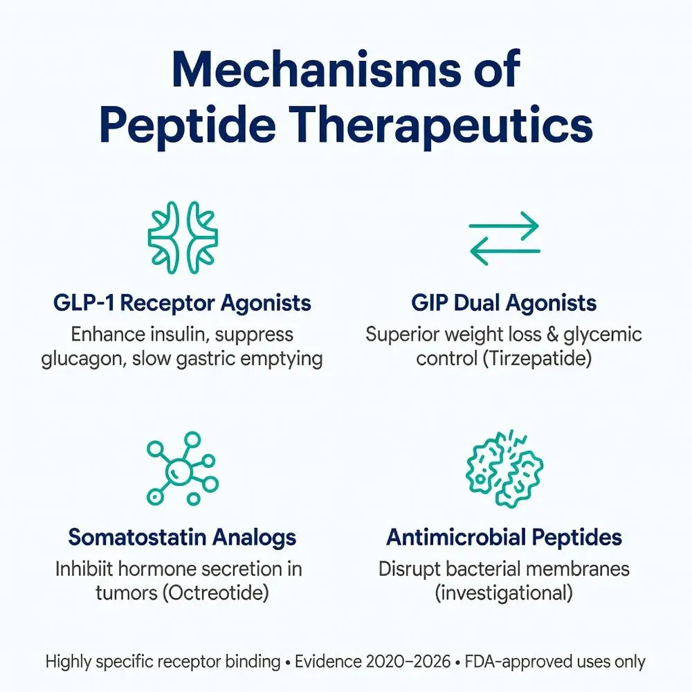 Mechanisms of Peptide Therapeutics infographic in peptide science showing GLP-1 Receptor Agonists, GIP Dual Agonists like Tirzepatide, Somatostatin Analogs, and Antimicrobial Peptides