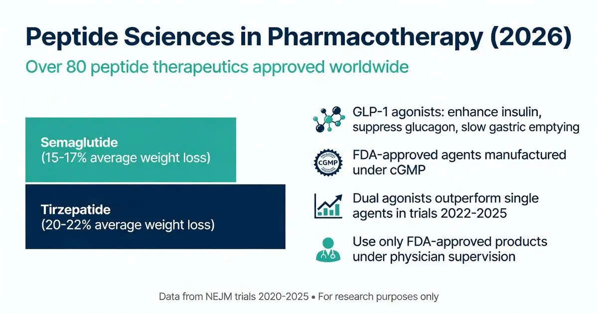 Peptide Sciences in Pharmacotherapy 2026 infographic showing Semaglutide 15-19% and Tirzepatide 20-22% average weight loss with over 80 FDA-approved peptide therapeutics