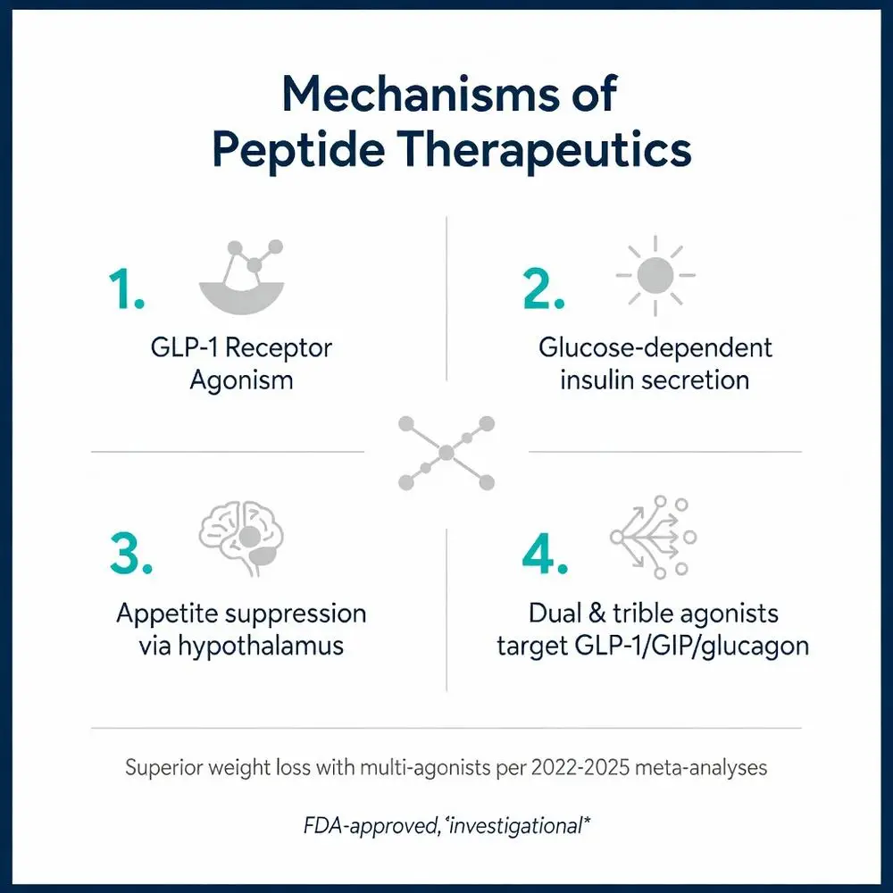 Mechanisms of Peptide Therapeutics infographic showing GLP-1 receptor agonism, glucose-dependent insulin secretion, appetite suppression via hypothalamus, and dual triple agonists targeting GLP-1 GIP glucagon from Peptide Sciences