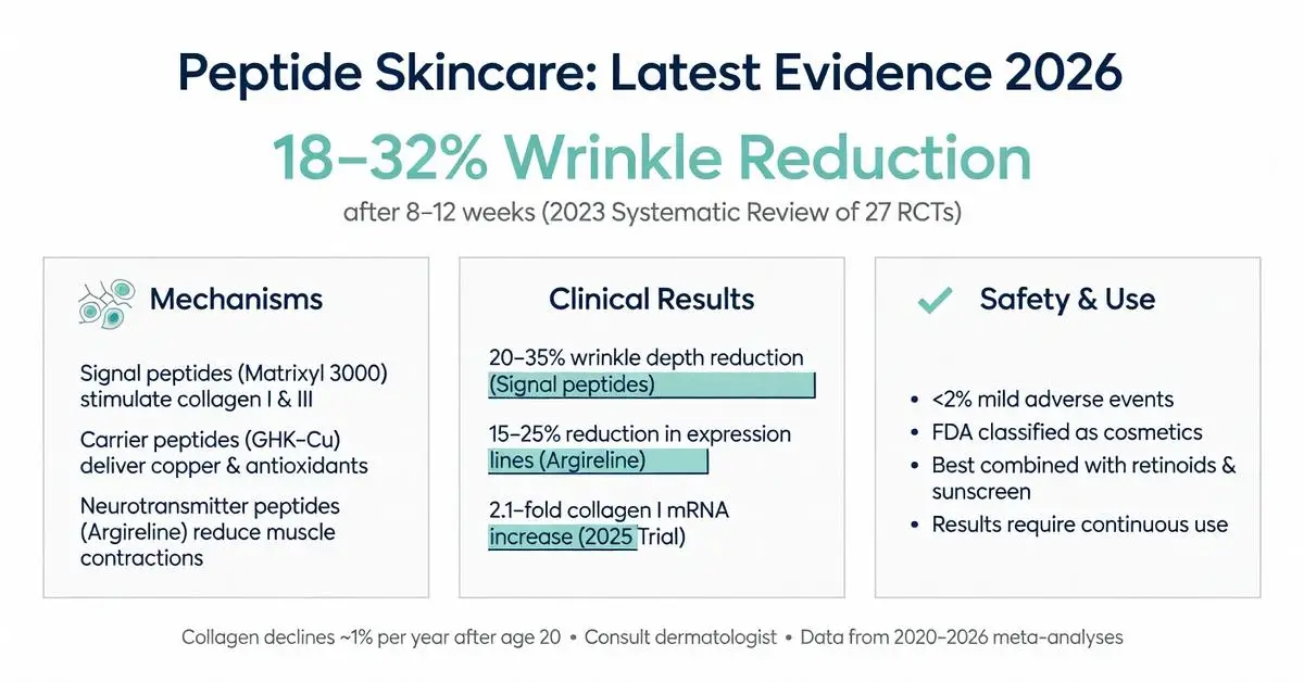 Peptide skincare 2026 evidence infographic showing 18-32% wrinkle reduction after 8-12 weeks with Matrixyl 3000, Argireline, GHK-Cu mechanisms, clinical results and safety data
