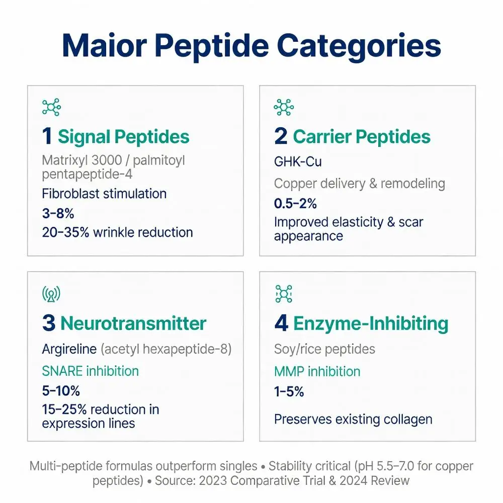 Major peptide categories infographic for peptide skincare: signal peptides like Matrixyl 3000, carrier GHK-Cu, Argireline neurotransmitter, and enzyme-inhibiting peptides with benefits, percentages, and clinical results