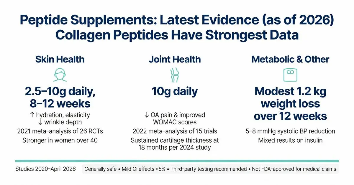 Peptide supplements latest evidence as of 2026 infographic showing collagen peptides strongest data for skin health, joint health, weight loss and metabolic benefits