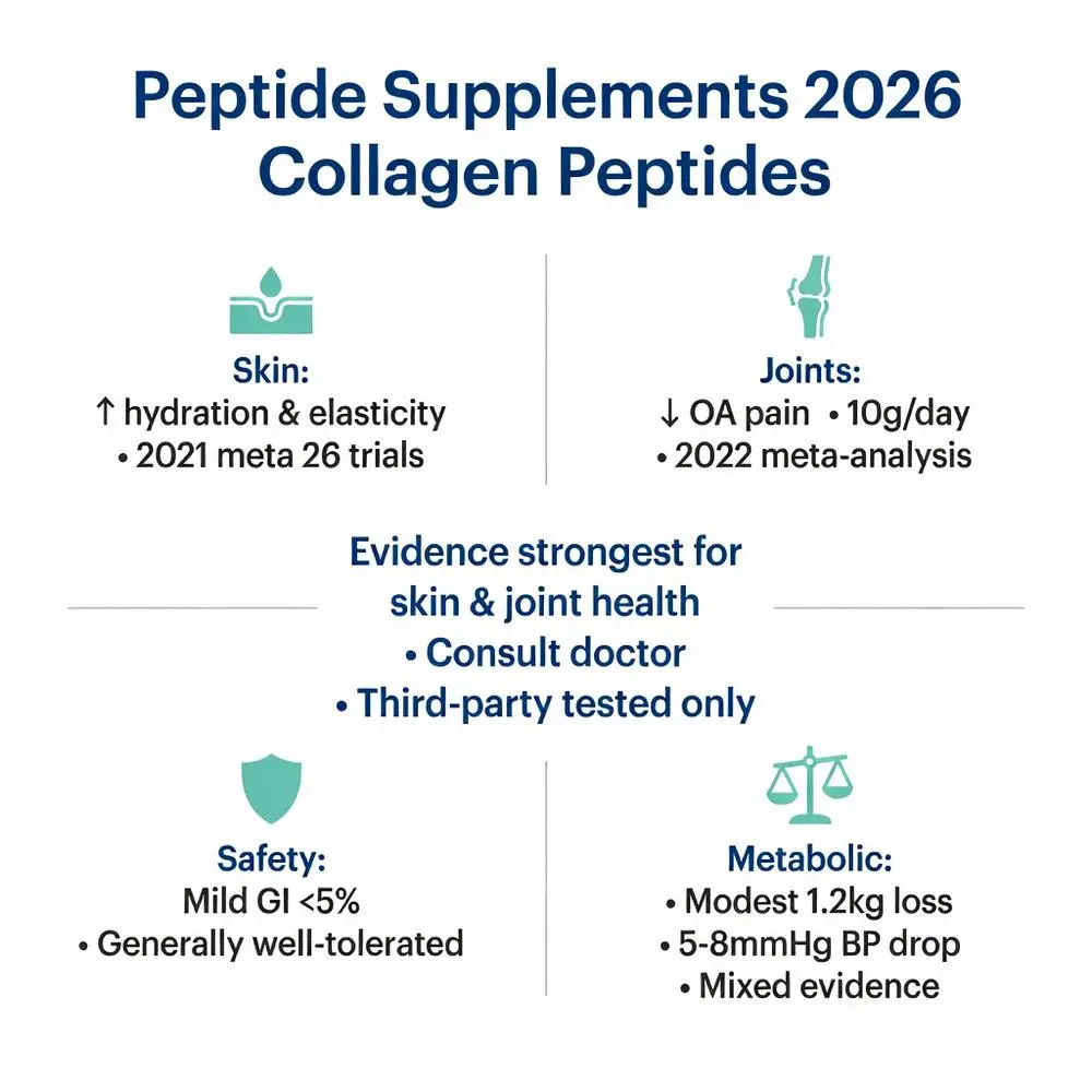Peptide supplements 2026 collagen peptides infographic showing benefits for skin hydration, joint pain relief, safety profile and metabolic effects