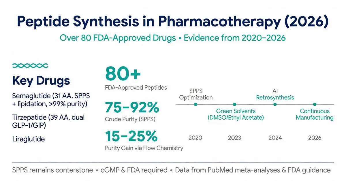 Peptide synthesis in pharmacotherapy 2026 infographic showing over 80 FDA-approved peptides including Semaglutide and Tirzepatide, SPPS purity stats, and timeline of advancements in green solvents, AI retrosynthesis, and continuous manufacturing