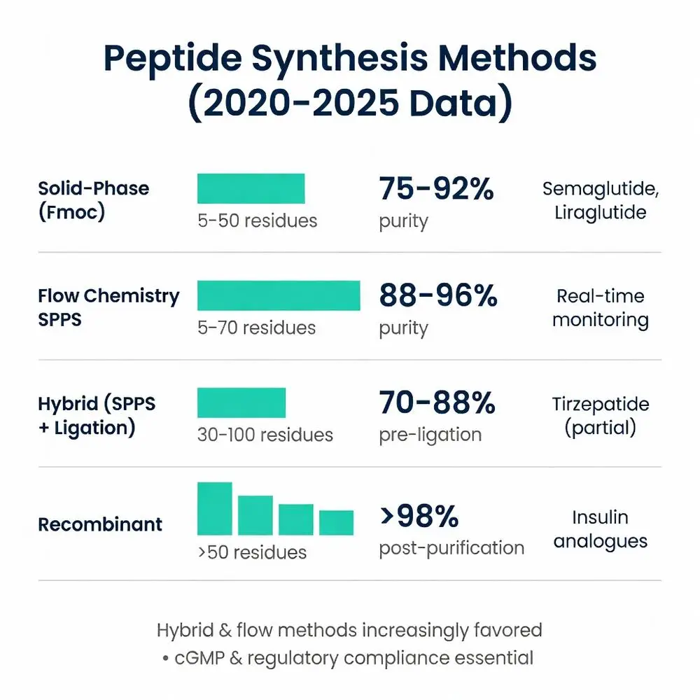 Peptide synthesis methods comparison chart 2020-2025 data showing purity yields, residue lengths and pharmaceutical examples for solid-phase Fmoc, flow chemistry SPPS, hybrid ligation and recombinant production