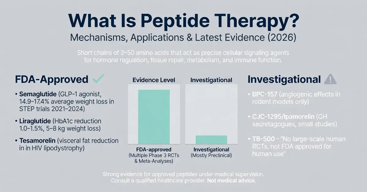 What is peptide therapy? 2026 infographic explaining mechanisms, FDA-approved peptides like semaglutide for weight loss, liraglutide, tesamorelin, evidence levels from Phase 3 RCTs, and investigational peptides including BPC-157 and TB-500