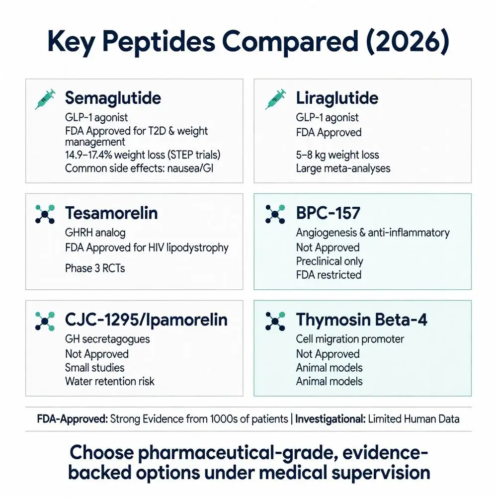 Key Peptides Compared 2026 infographic explaining what is peptide therapy with FDA-approved options like Semaglutide and Liraglutide versus investigational peptides including BPC-157, Tesamorelin, CJC-1295 and Thymosin Beta-4