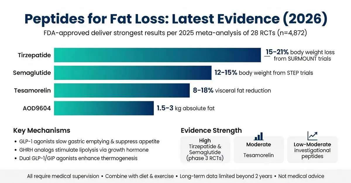 Peptides for fat loss infographic 2026: Latest evidence comparing Tirzepatide (15-21% body weight loss), Semaglutide (12-15%), Tesamorelin (8-18% visceral fat reduction), and AOD9604 from 2025 meta-analysis of 28 RCTs
