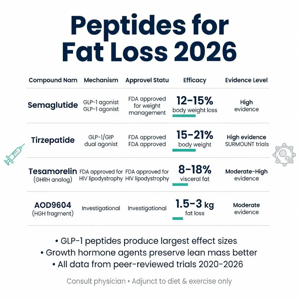 Peptides for fat loss 2026 infographic comparing Semaglutide, Tirzepatide, Tesamorelin (GHRH analog), and AOD9604 efficacy, mechanisms, FDA approval status, and clinical evidence levels