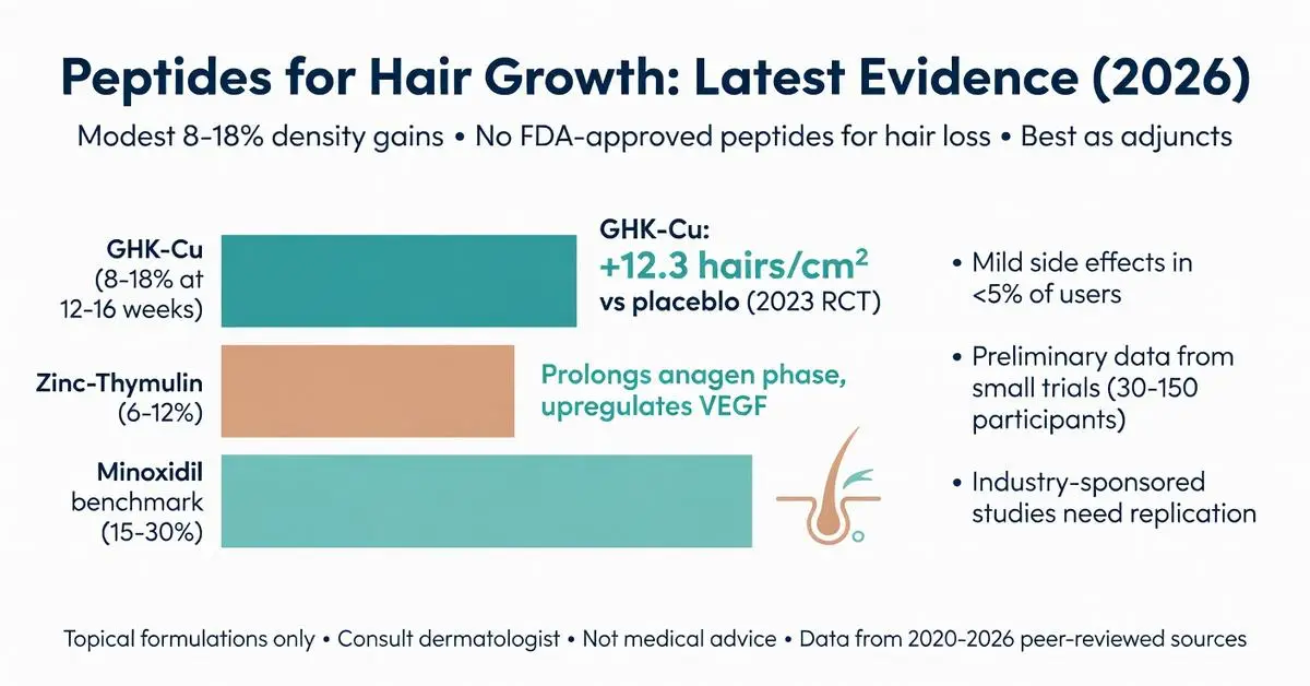 Peptides for hair growth infographic 2026: Latest evidence comparing GHK-Cu (8-18% density gains, +12.3 hairs/cm²) and Zinc-Thymulin (6-12%) vs Minoxidil benchmark (15-30%) with clinical data