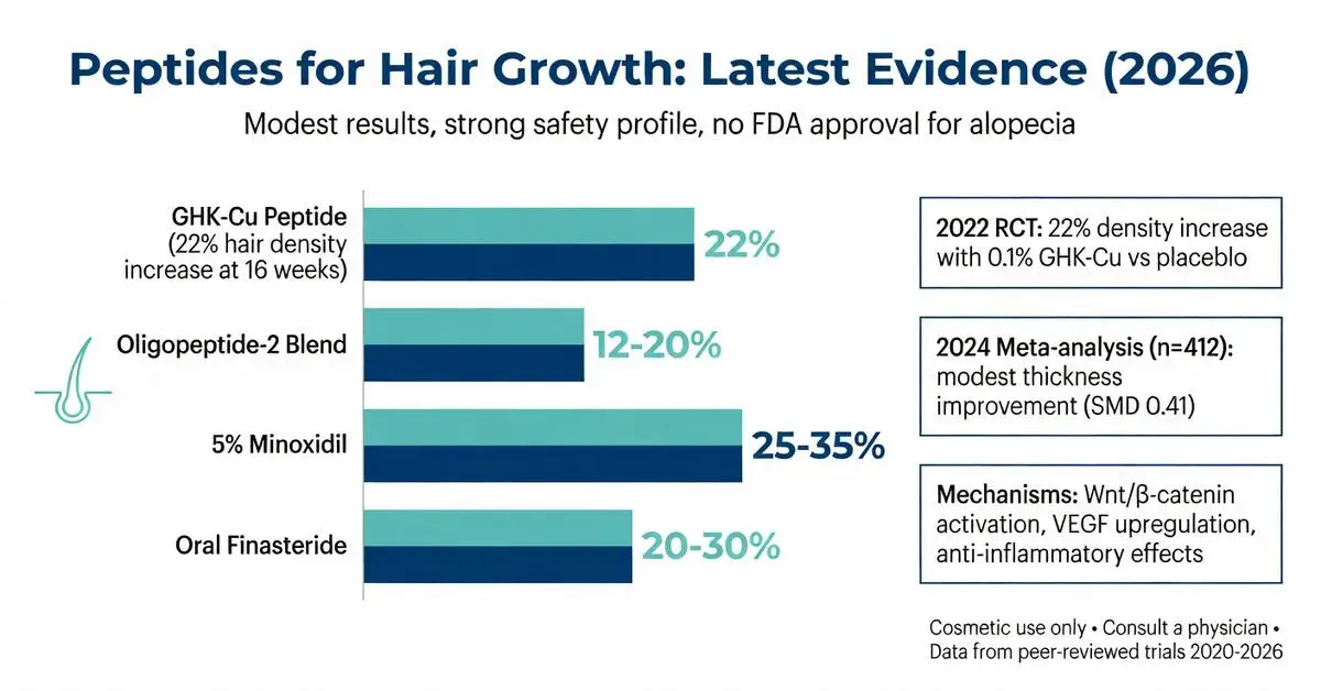 Peptide for hair growth 2026 evidence chart comparing GHK-Cu Peptide 22% density increase, Oligopeptide-2 Blend, 5% Minoxidil and Oral Finasteride with RCT and meta-analysis data