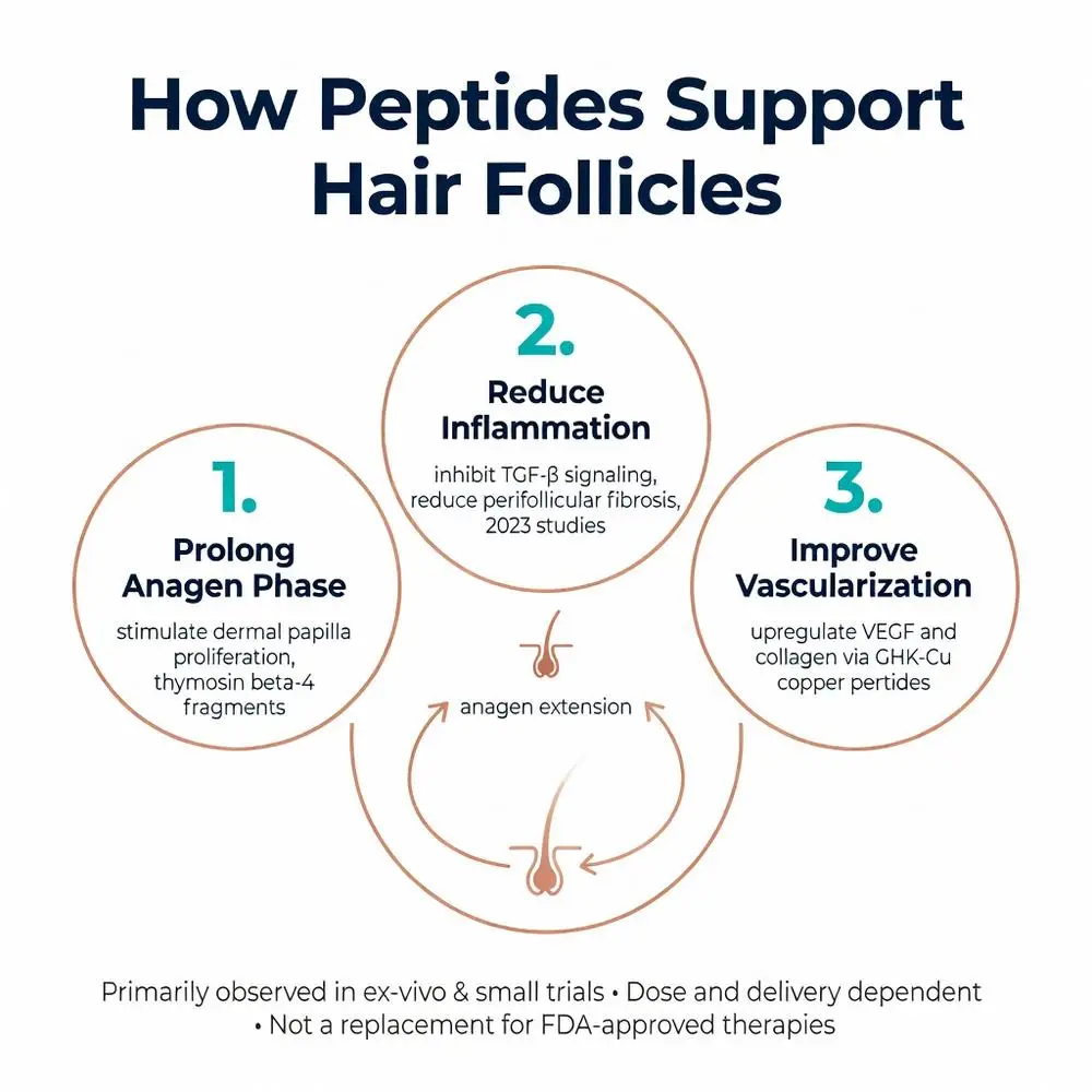Infographic explaining how peptides for hair growth support follicles by prolonging anagen phase, reducing inflammation, and improving vascularization with GHK-Cu and thymosin beta-4