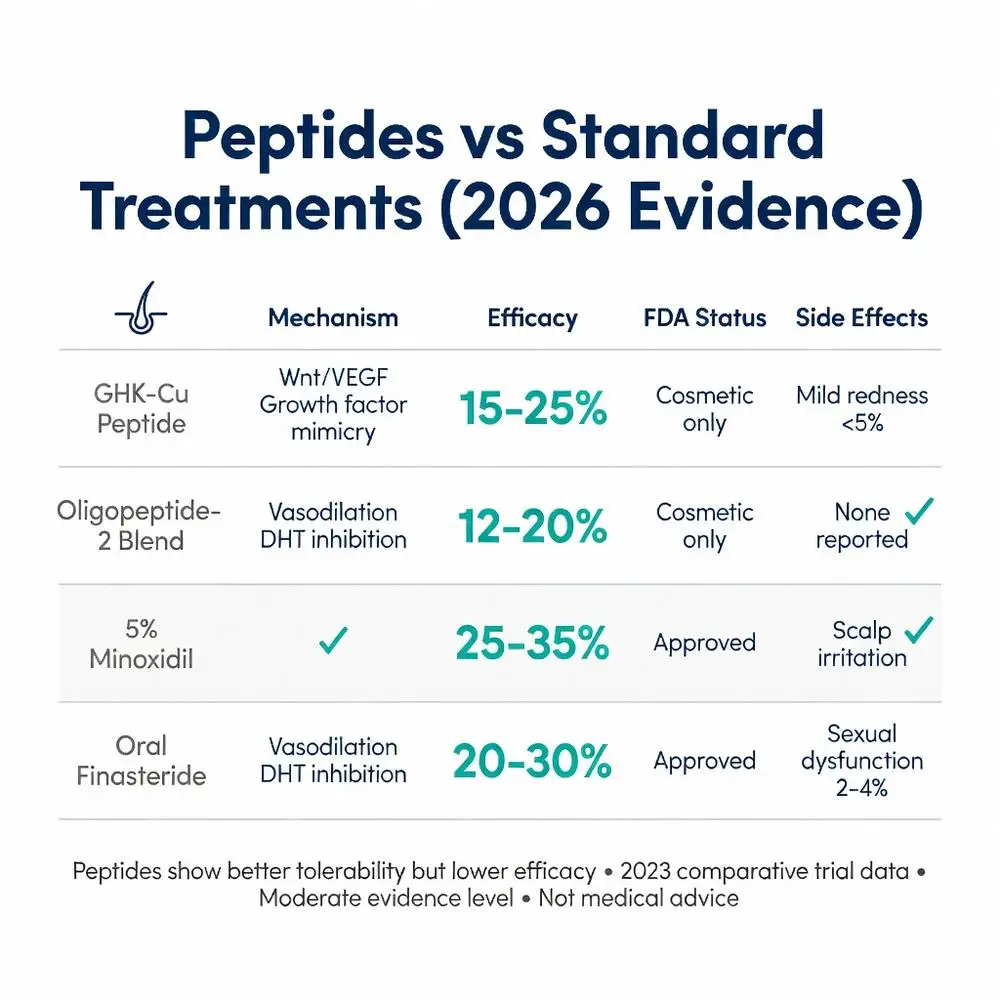 Peptide for hair growth vs minoxidil and finasteride comparison chart 2026 evidence showing efficacy rates, mechanisms, FDA status and side effects for GHK-Cu and Oligopeptide-2