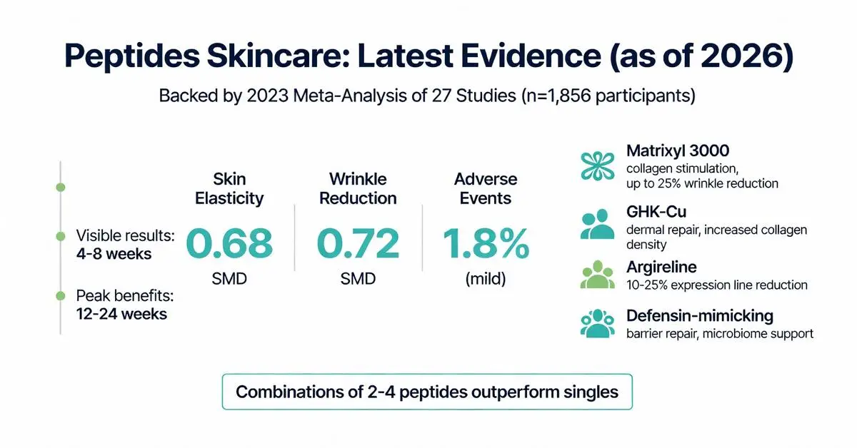 Peptides skincare infographic: 2026 latest evidence from 2023 meta-analysis of 27 studies showing 0.68 SMD skin elasticity, 0.72 SMD wrinkle reduction, 1.8% mild adverse events, visible results in 4-8 weeks with Matrixyl 3000, GHK-Cu, Argireline and more