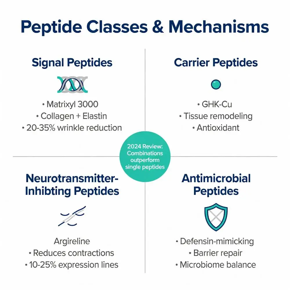 Peptides skincare infographic 2024: classes and mechanisms of signal peptides like Matrixyl 3000, carrier peptides GHK-Cu, neurotransmitter-inhibiting Argireline, and antimicrobial peptides for wrinkle reduction, tissue remodeling, and skin barrier repair