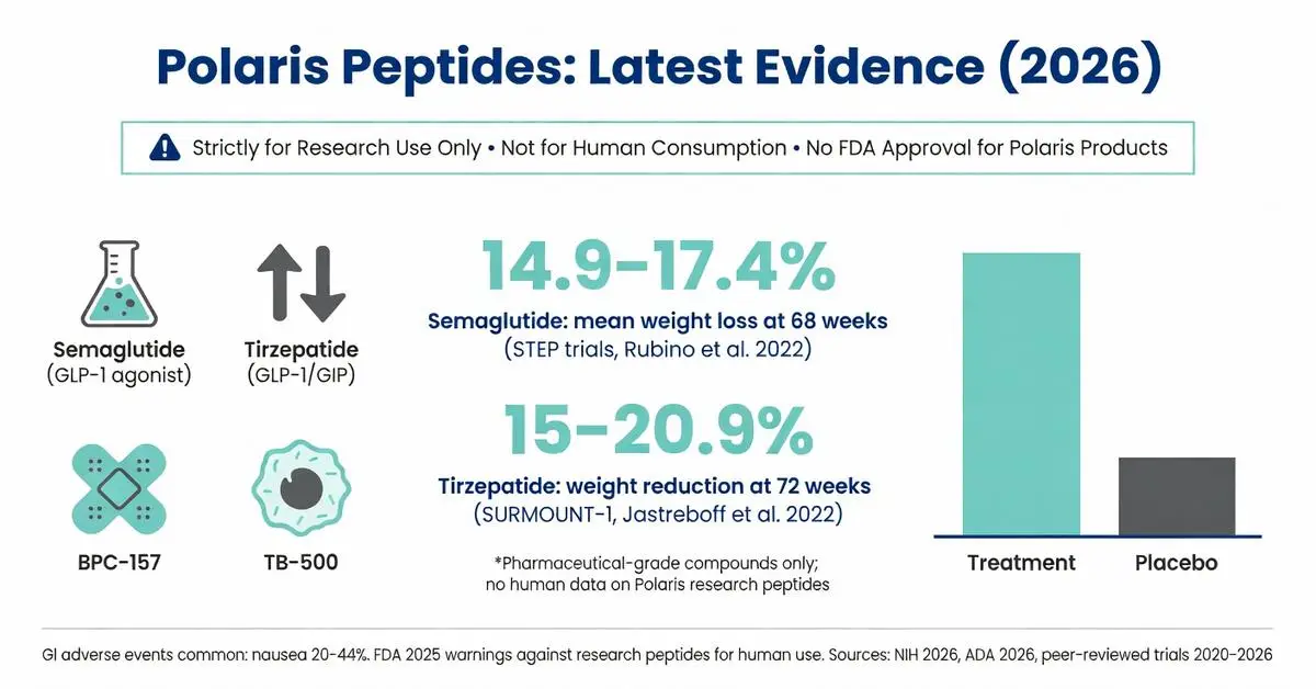 Polaris peptides latest evidence 2026 infographic showing semaglutide 14.9-17.4% and tirzepatide 15-20.9% weight loss results with BPC-157 TB-500