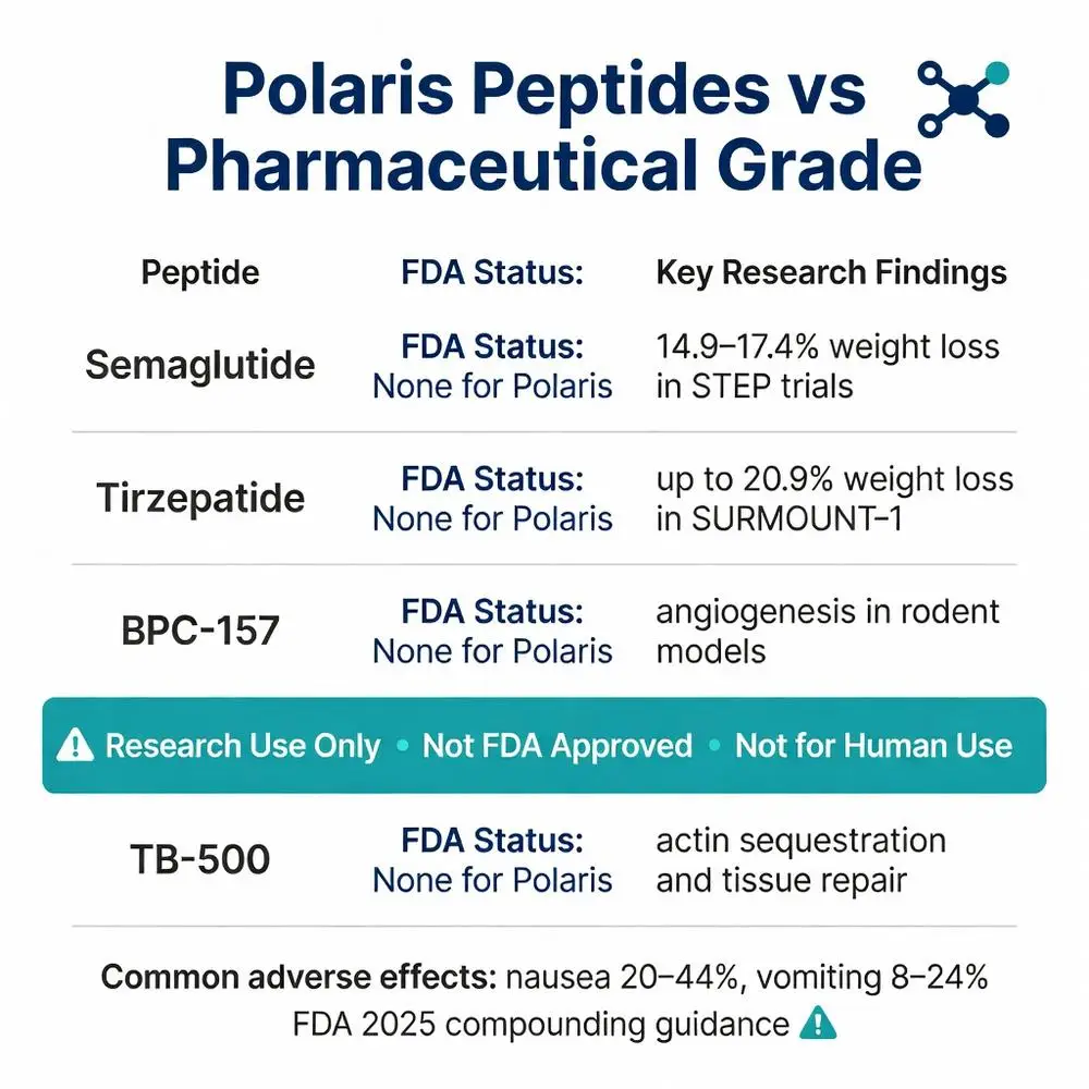 Polaris peptides vs pharmaceutical grade comparison chart showing FDA status and research findings for semaglutide, tirzepatide, BPC-157, and TB-500