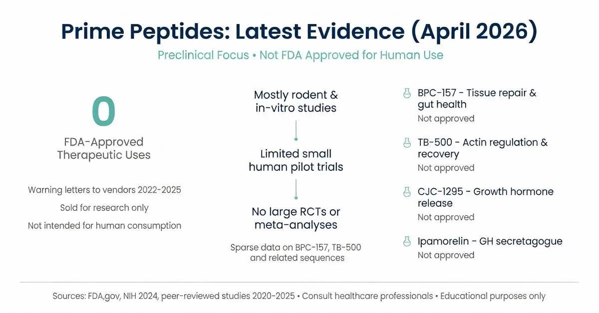 Prime Peptides Latest Evidence April 2026 infographic showing zero FDA-approved therapeutic uses, preclinical research status, limited human trials, and details on BPC-157, TB-500, CJC-1295, Ipamorelin