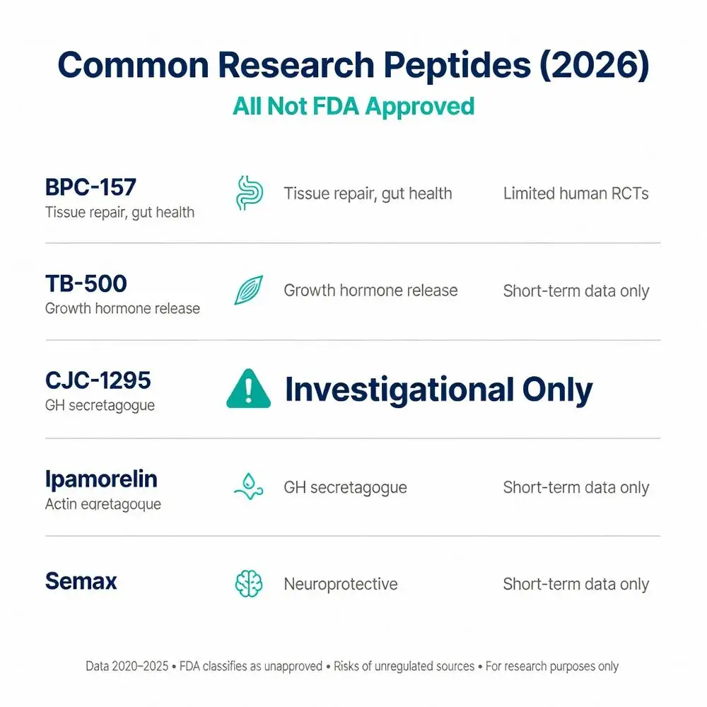 Prime Peptides 2026 Common Research Peptides Chart - BPC-157, TB-500, CJC-1295, Ipamorelin, Semax