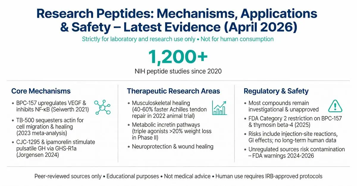 Research peptides infographic 2026: BPC-157, TB-500, CJC-1295 mechanisms, therapeutic applications, NIH studies, and safety data