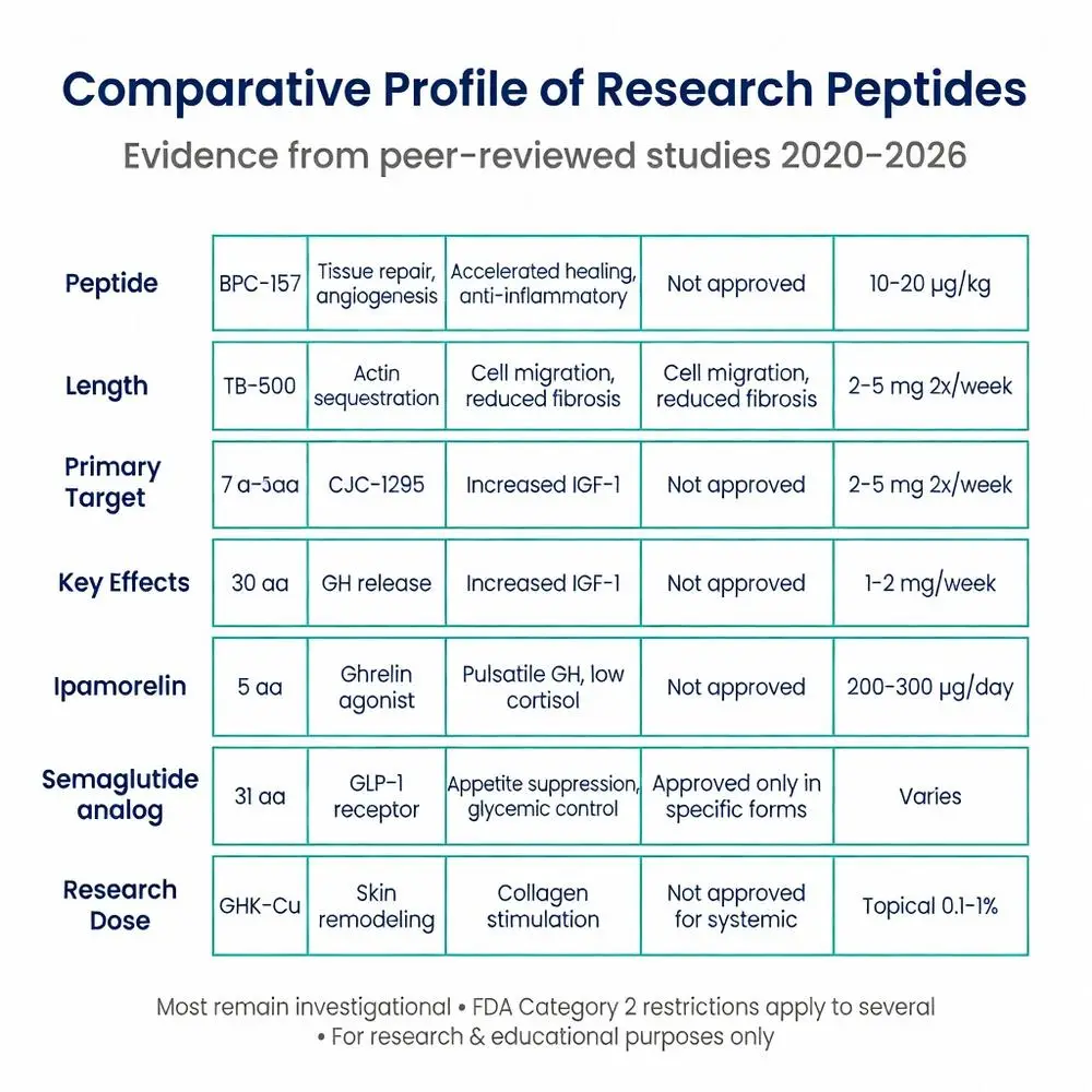 Comparative profile of research peptides table including BPC-157, TB-500, CJC-1295, Ipamorelin, Semaglutide analog, and GHK-Cu with primary targets, key effects, approval status, and research doses from peer-reviewed studies 2020-2026
