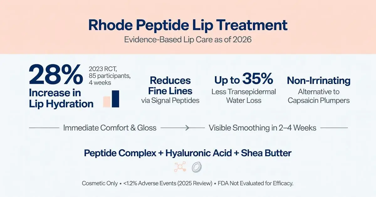 Rhode Peptide Lip Treatment infographic showing 28% increase in lip hydration from 2023 RCT, up to 35% less transepidermal water loss, reduces fine lines via signal peptides, non-irritating alternative to capsaicin plumpers with peptide complex, hyaluronic acid and shea butter