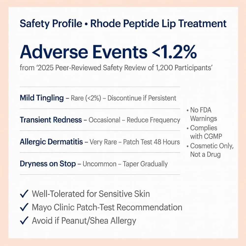 Rhode Peptide Lip Treatment safety profile infographic showing adverse events under 1.2% from 2025 peer-reviewed study of 1,200 participants including mild tingling, redness, and usage guidelines