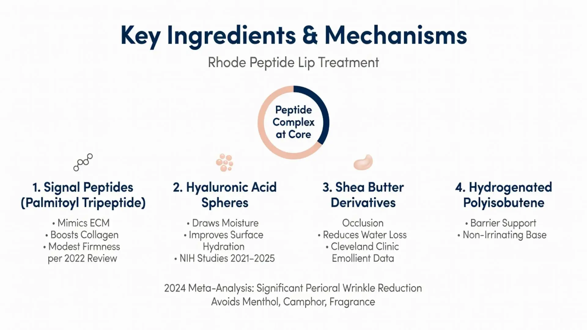 Rhode peptide lip treatment key ingredients and mechanisms infographic showing peptide complex, signal peptides, hyaluronic acid spheres, shea butter, and hydrogenated polyisobutene for collagen boost, hydration, and perioral wrinkle reduction