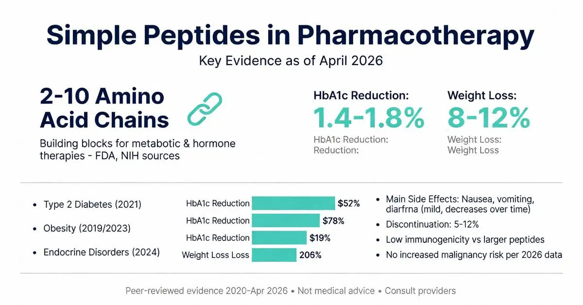 Simple peptide pharmacotherapy infographic showing 2-10 amino acid chains with 1.4-1.8% HbA1c reduction and 8-12% weight loss for type 2 diabetes, obesity, and endocrine disorders as of April 2026