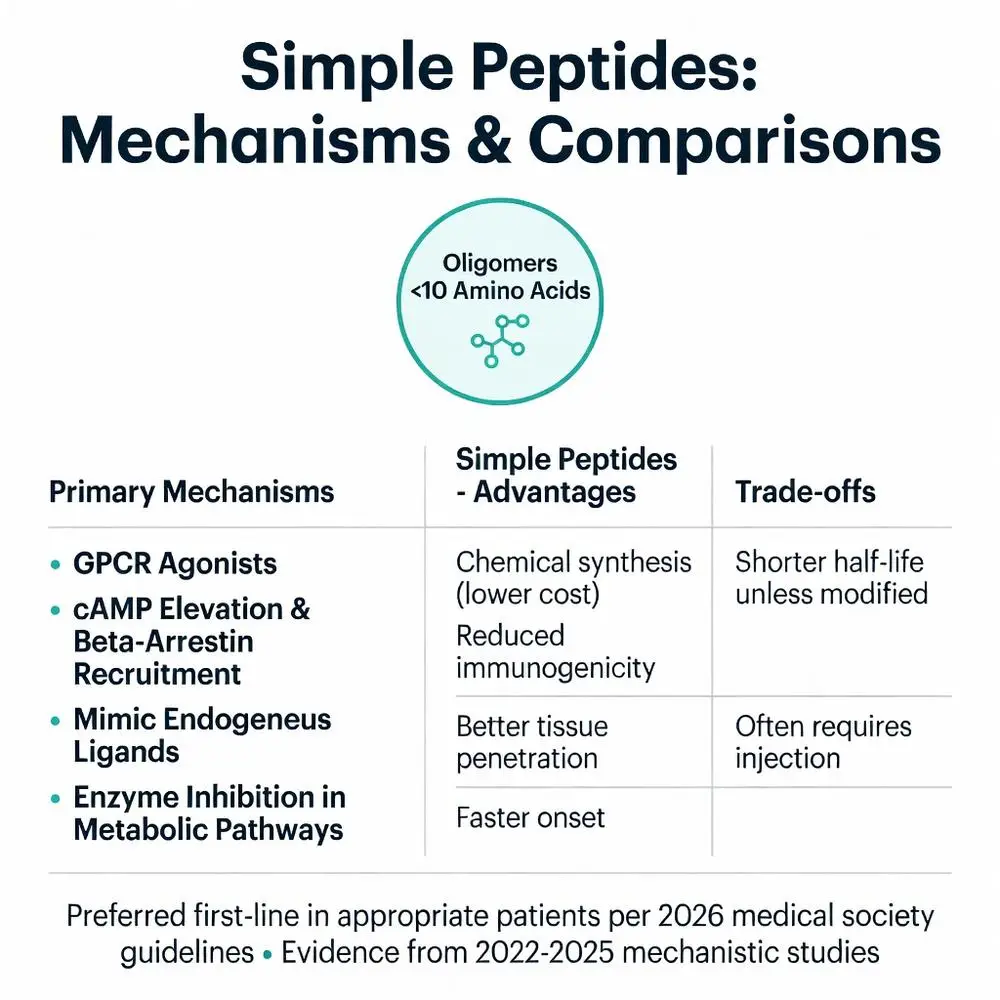 Simple peptide mechanisms and comparisons infographic detailing GPCR agonists, cAMP elevation, advantages like chemical synthesis lower cost and reduced immunogenicity, versus trade-offs such as shorter half-life