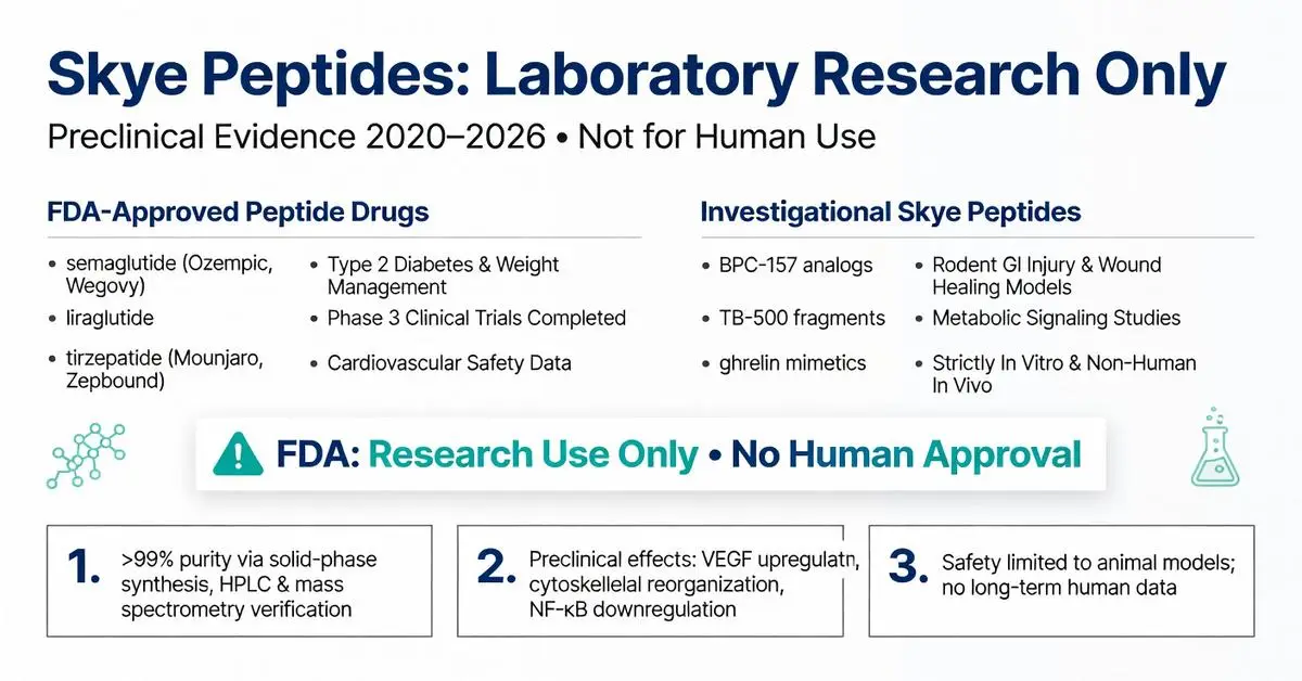 Skye Peptides laboratory research only infographic 2020-2026 showing FDA-approved peptide drugs like semaglutide versus investigational BPC-157 analogs, TB-500 fragments and ghrelin mimetics with preclinical evidence, purity standards and FDA research use only warning