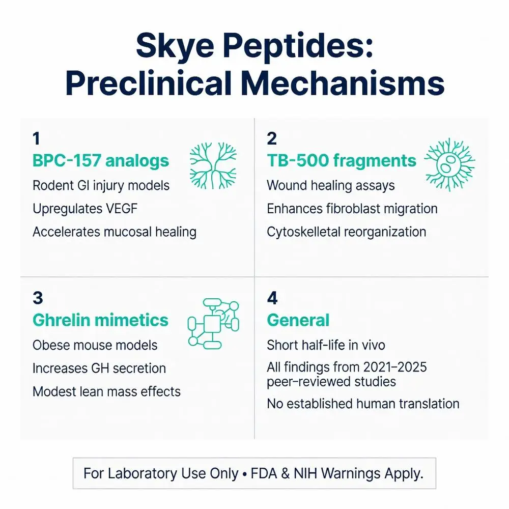 Skye Peptides preclinical mechanisms infographic showing BPC-157 analogs, TB-500 fragments, ghrelin mimetics research findings from 2021-2025 peer-reviewed studies