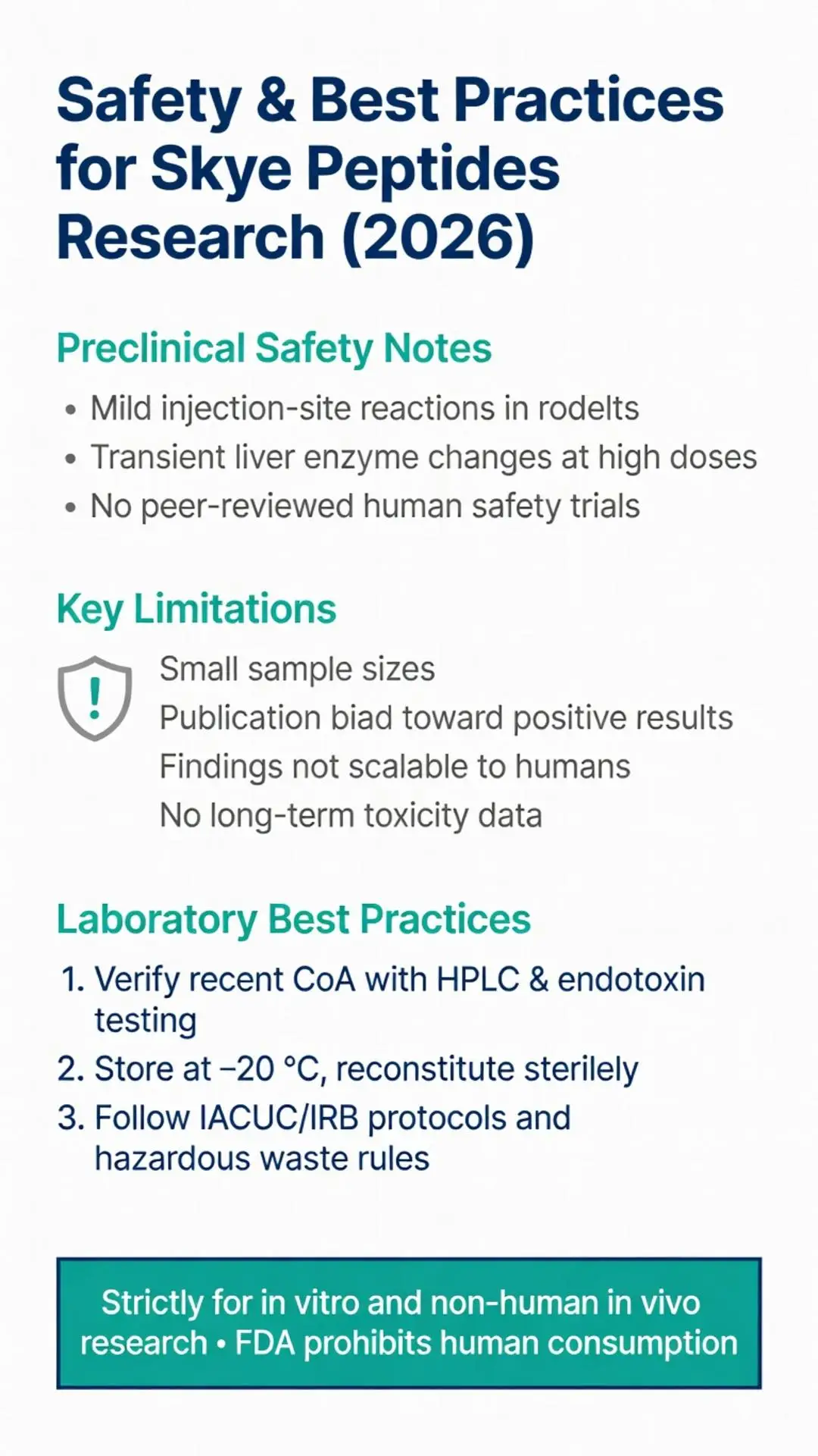 Skye Peptides Safety and Best Practices Guide 2026 - Preclinical notes, lab protocols, limitations, and FDA research-only warning for in vitro and non-human studies