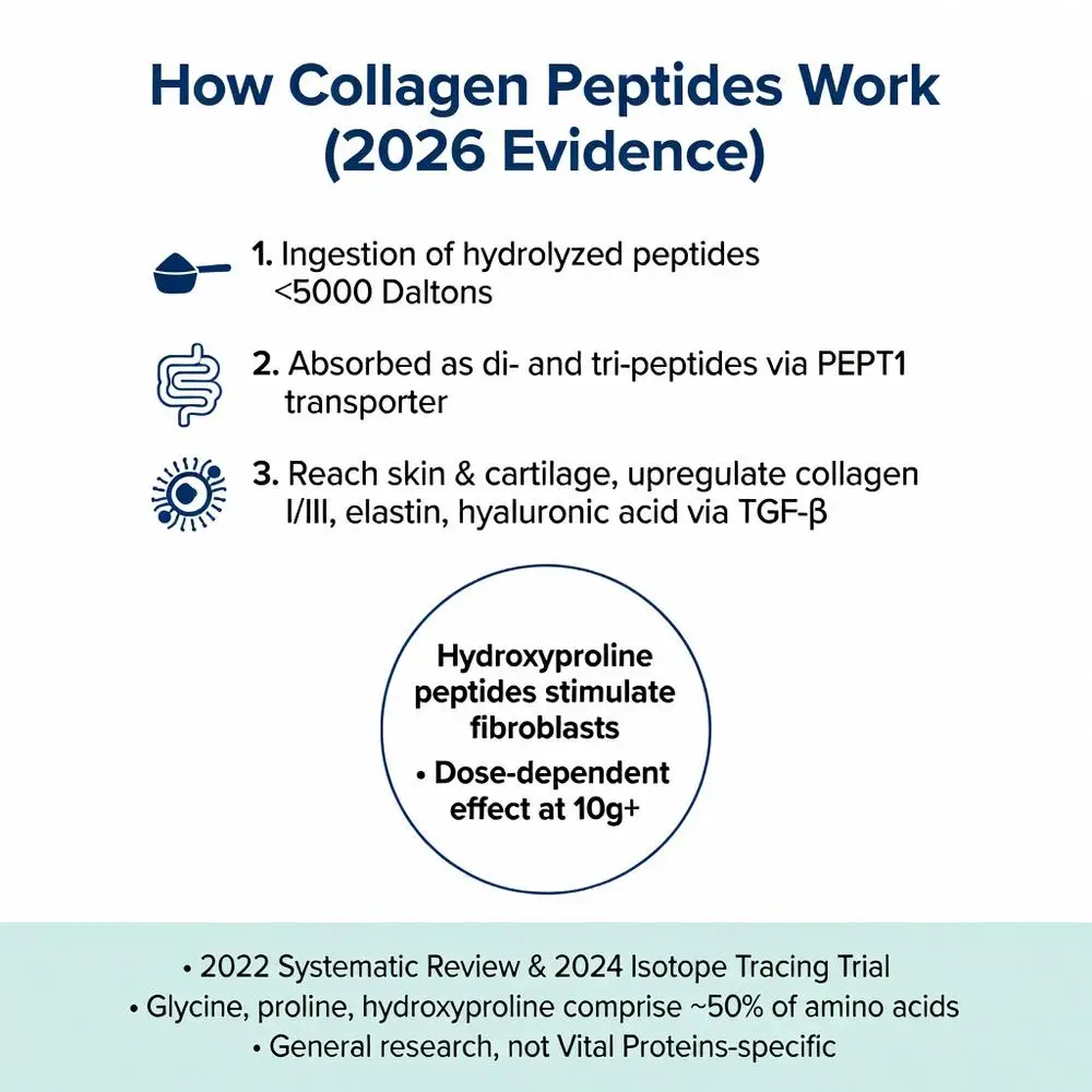 Infographic explaining how vital proteins collagen peptides work with 2026 evidence showing ingestion, PEPT1 absorption, and stimulation of collagen I/III, elastin and hyaluronic acid in skin and cartilage