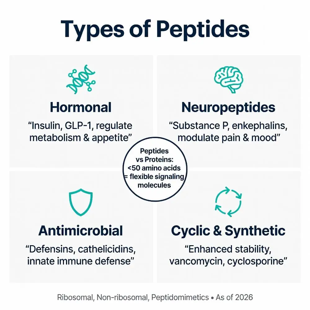 What is a peptide? Infographic detailing types of peptides vs proteins including hormonal, neuropeptides, antimicrobial, and cyclic & synthetic with examples like insulin, GLP-1, and vancomycin