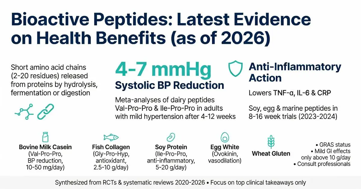 Bioactive peptides infographic: latest 2026 evidence on health benefits including 4-7 mmHg systolic blood pressure reduction, anti-inflammatory effects from bovine milk casein, fish collagen, soy protein, egg white and wheat gluten