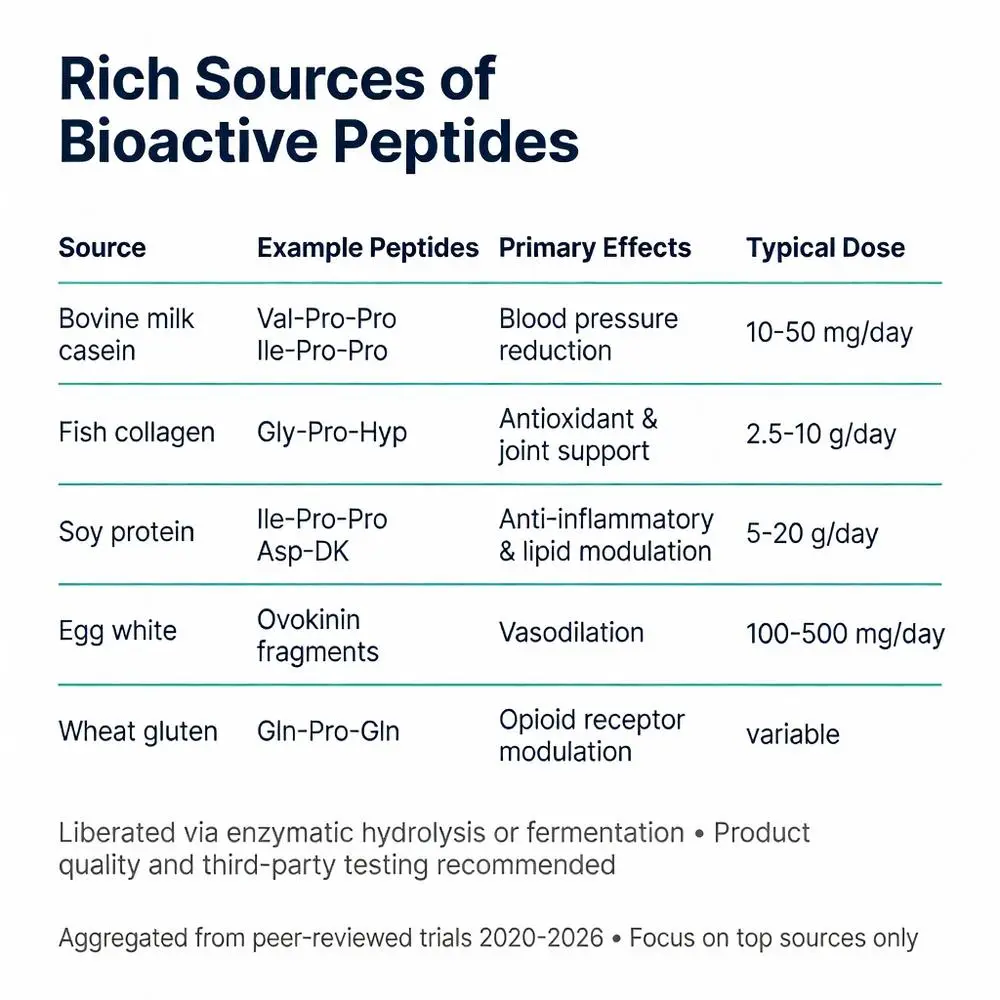 Rich sources of bioactive peptides table showing bovine milk casein, fish collagen, soy protein, egg white and wheat gluten with example peptides, primary effects and typical doses