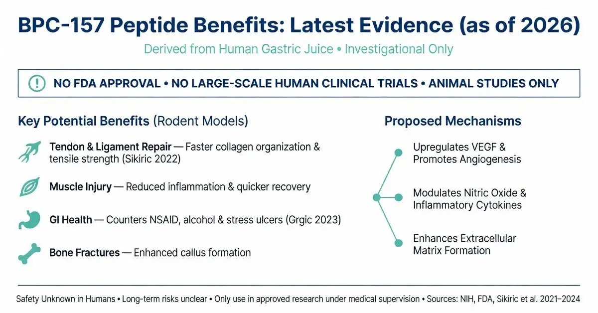 BPC-157 peptide benefits infographic showing latest 2026 evidence from rodent studies on tendon ligament repair, muscle injury recovery, GI health protection and bone fracture healing plus proposed mechanisms
