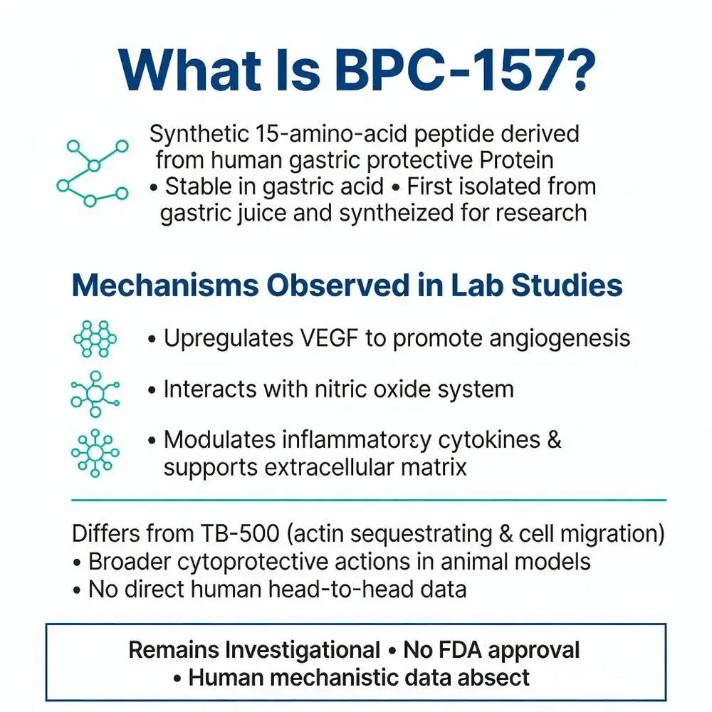 BPC-157 peptide benefits infographic showing mechanisms observed in lab studies including VEGF upregulation for angiogenesis, nitric oxide interaction, inflammatory cytokine modulation, and cytoprotective actions