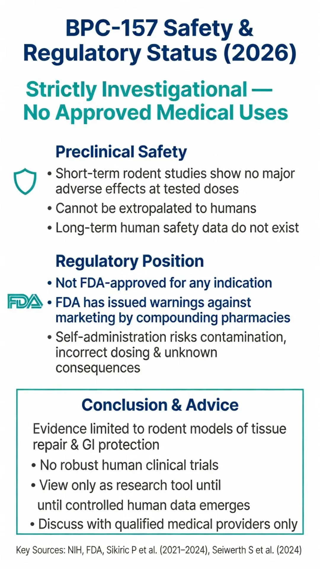 BPC-157 peptide benefits infographic 2026: safety profile, preclinical rodent studies, FDA regulatory warnings, and why this investigational peptide has no approved medical uses or robust human trials