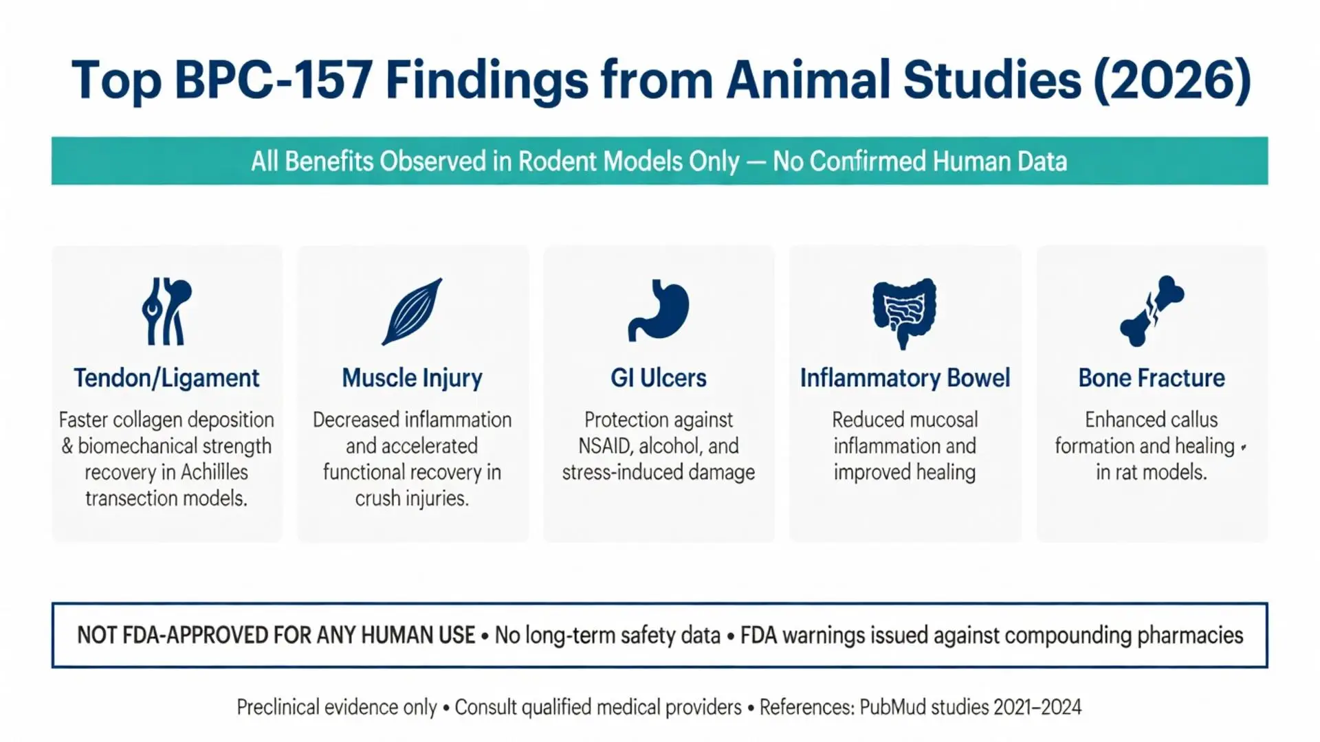 BPC-157 peptide benefits infographic showing top findings from animal studies on tendon ligament healing, muscle injury recovery, GI ulcers, inflammatory bowel, and bone fractures in rodent models