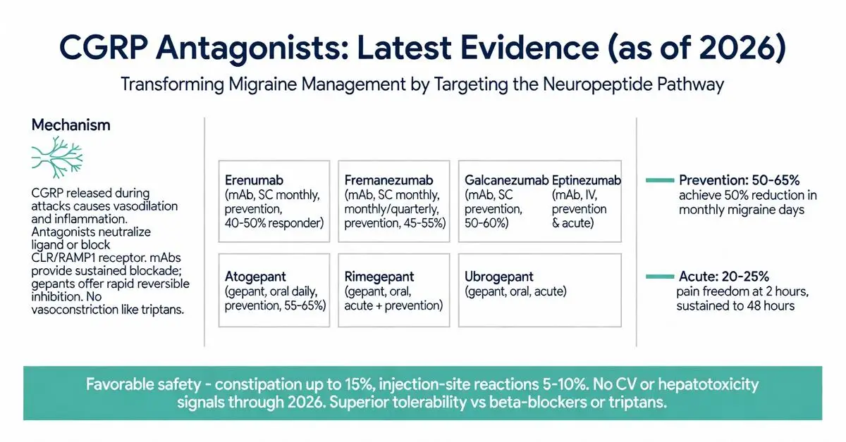 Infographic showing latest 2026 evidence on calcitonin gene related peptide antagonists for migraine prevention and acute treatment including efficacy rates and safety data