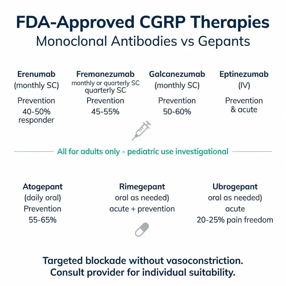 FDA-Approved calcitonin gene related peptide antagonists comparison chart showing monoclonal antibodies vs gepants for migraine prevention and acute treatment