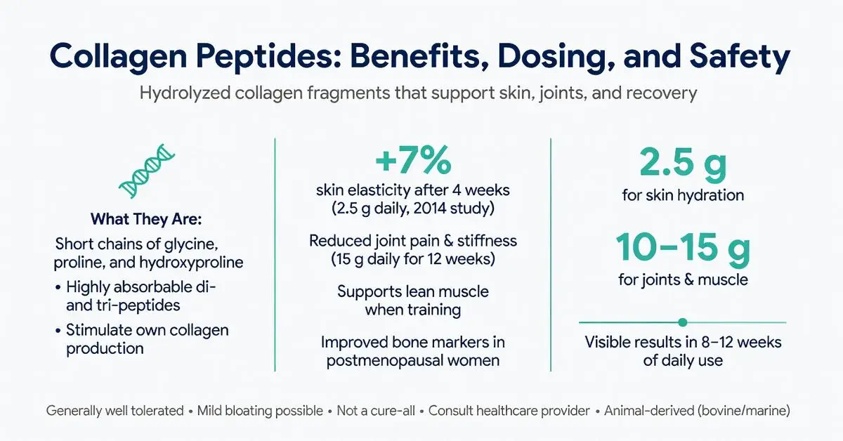 Collagen peptides benefits dosing and safety infographic - learn how callogen peptides improve skin elasticity by 7%, reduce joint pain, support muscle, with 2.5g daily for hydration and 10-15g for joints