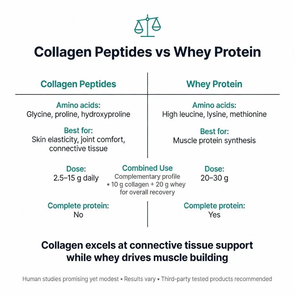 Callogen peptides vs whey protein comparison chart: amino acids, benefits for skin joints connective tissue muscle building, dosage and complete protein guide